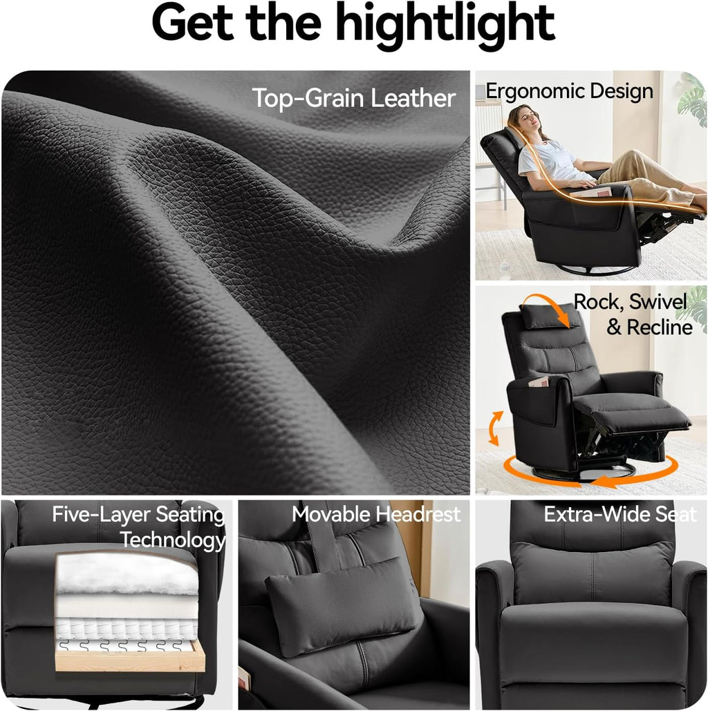 AIRSKY Leather Recliner Chair, Top Grain Leather, Italian Water-Washing Process, Glider Rocking Chair,Swivel Rocker Recliner, Movable Headrest,Nursery Rocking Chairs, Single Reclining Chair, Black,R3