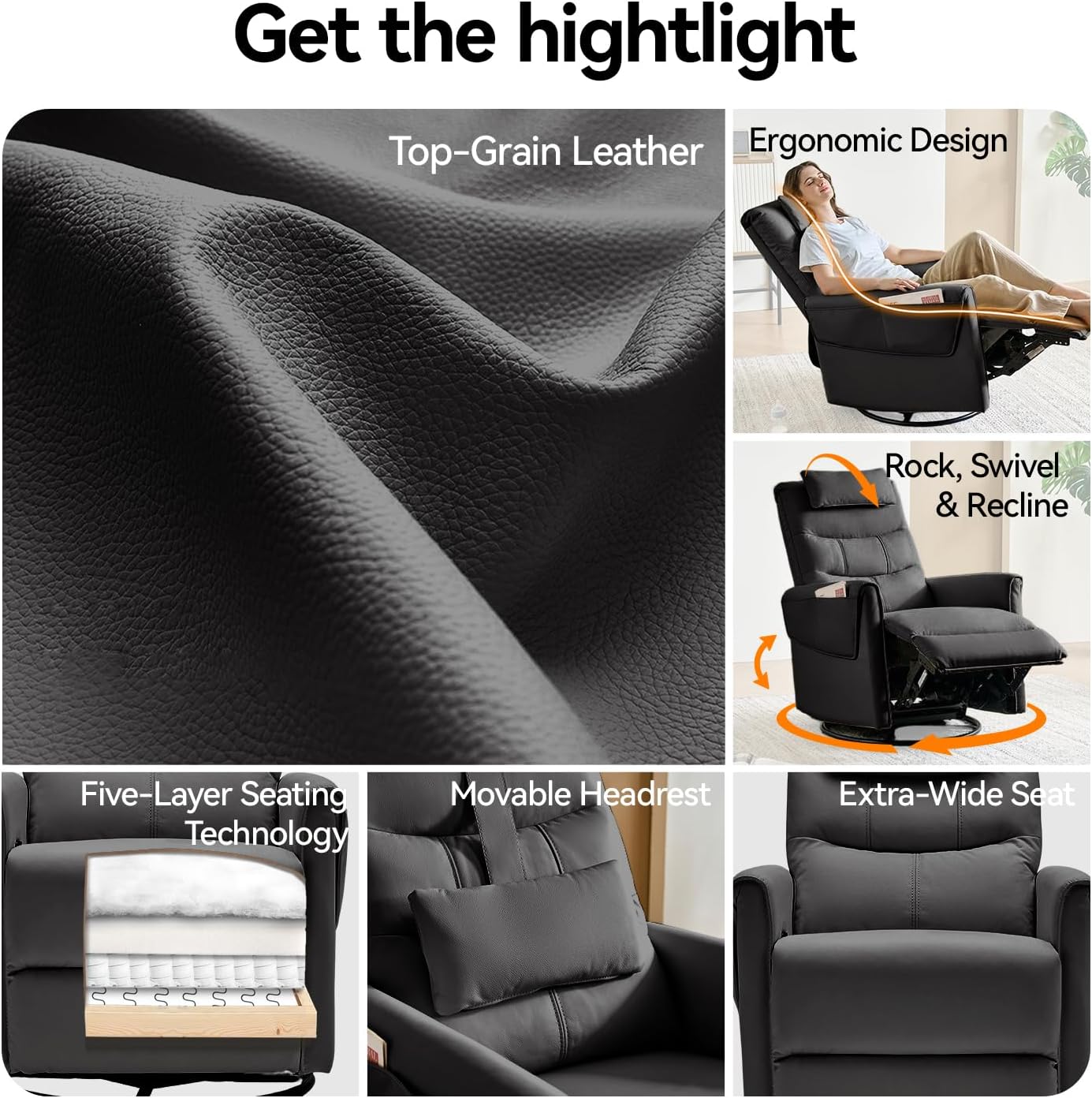 AIRSKY Leather Recliner Chair, Top Grain Leather, Italian Water-Washing Process, Glider Rocking Chair,Swivel Rocker Recliner, Movable Headrest,Nursery Rocking Chairs, Single Reclining Chair, Black,R3