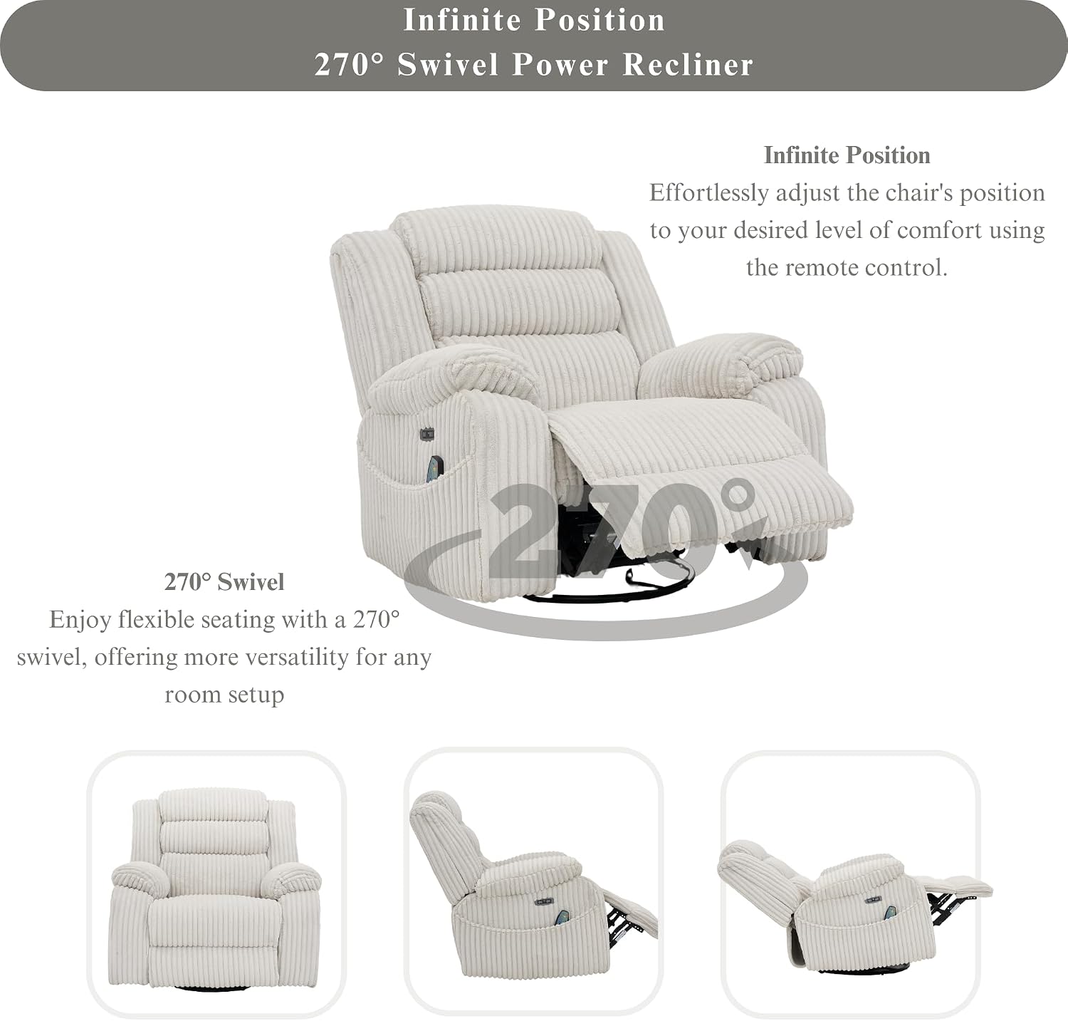 JUUXO Extra Wide Power Swivel Rocker Recliner for Adults with Heat Massage, USB & Type-C Charging, Electric Glider Rocking Chair for Living Room Nursery Bedroom Office