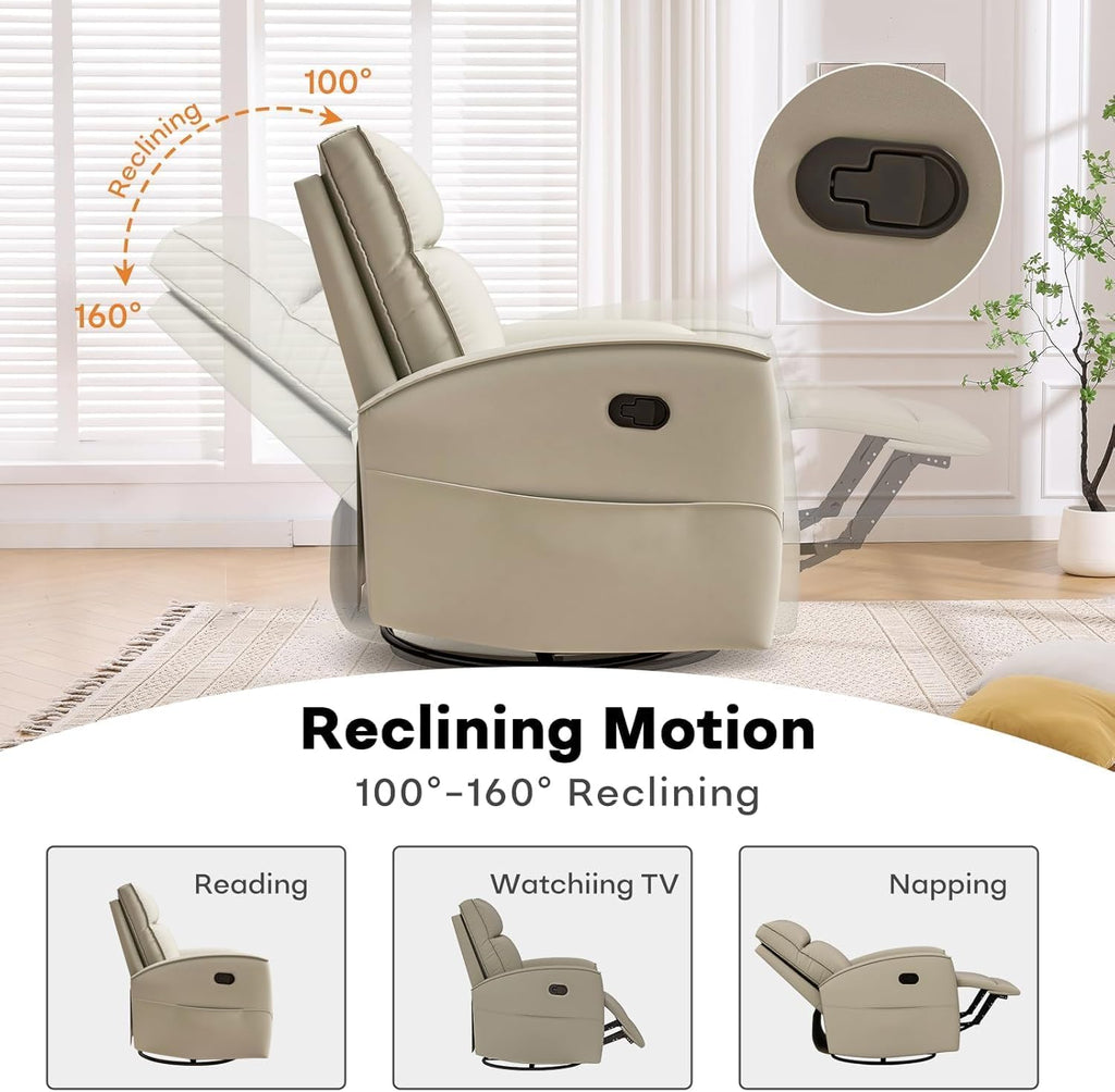 HAOMARKETS Swivel Rocker Recliner Chair, Manual Faux Leather Glider Rocking Recliners for Adults, 360° Swivel Nursery Reclining Sofa with Storage Pocket