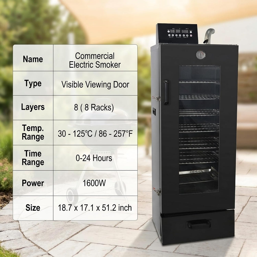 CLIVIA 8-Layer Electric Smoker with View Window, 1600W Vertical Digital BBQ Smoker, Front Loading Wood Chip Tray, 0-24H Timer & 86-257°F Temp Control, Meat Smoker for Jerky, Sausage, Fish (DSH-S45D)