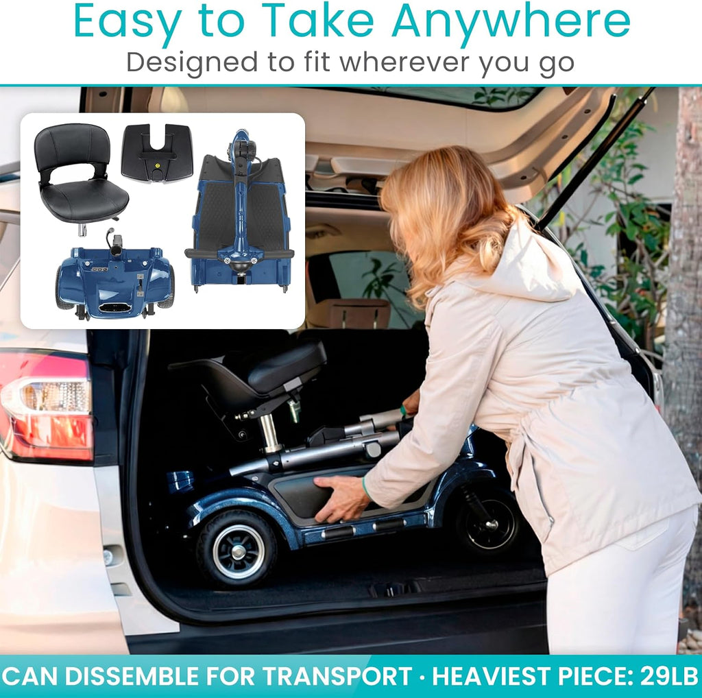Vive 3 Wheel Mobility Scooter - Electric Powered Mobile Wheelchair Device for Adults - Folding, Collapsible and Compact for Travel - Long Range Power Extended Battery with Charger and Basket Included
