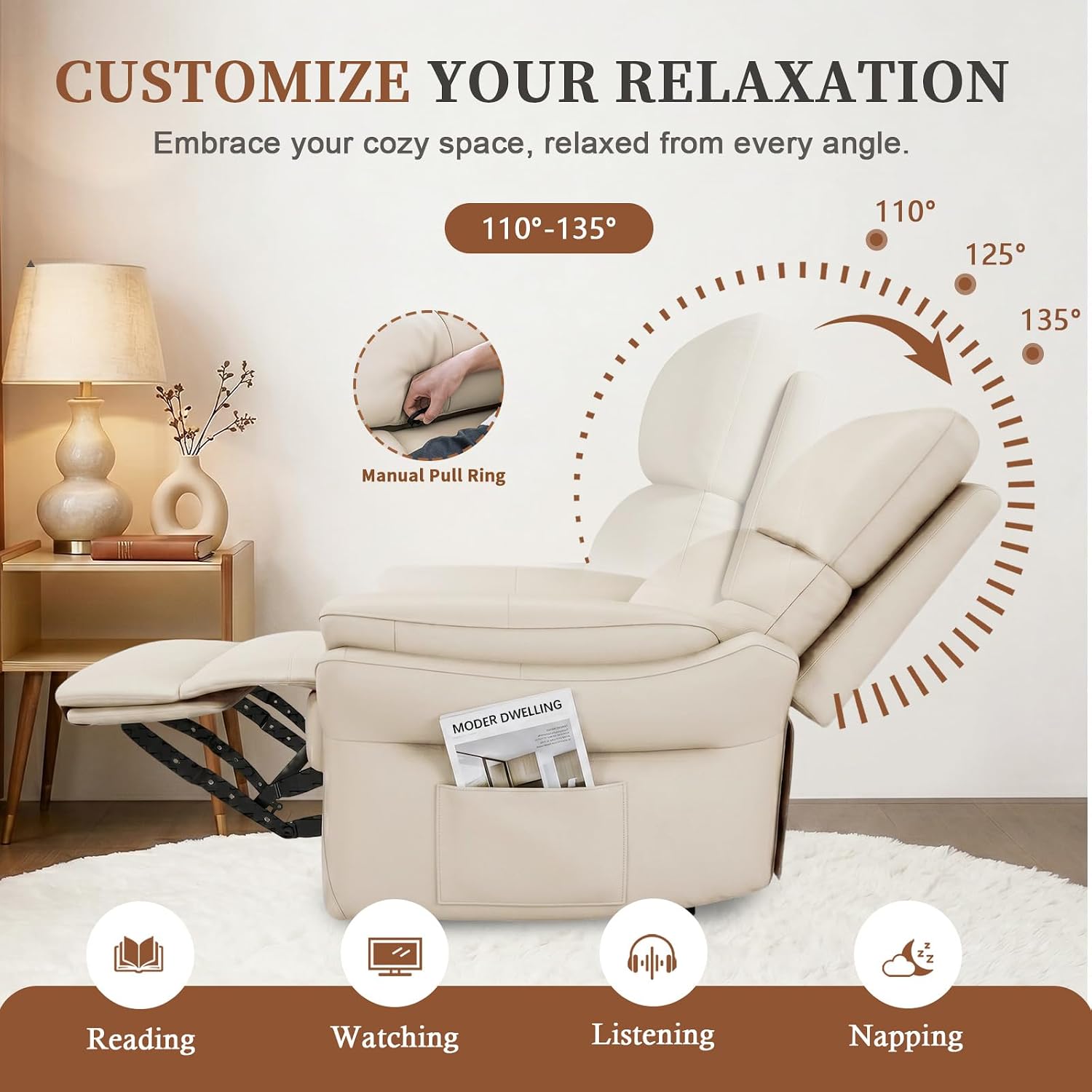 AIRSKY Genuine Leather Recliner Chair, Top Grain Leather, Italian Water-Washing Process, Lazy boy Recliner Chair, for Living Room, Theater Seating, Bedroom, Beige,R1