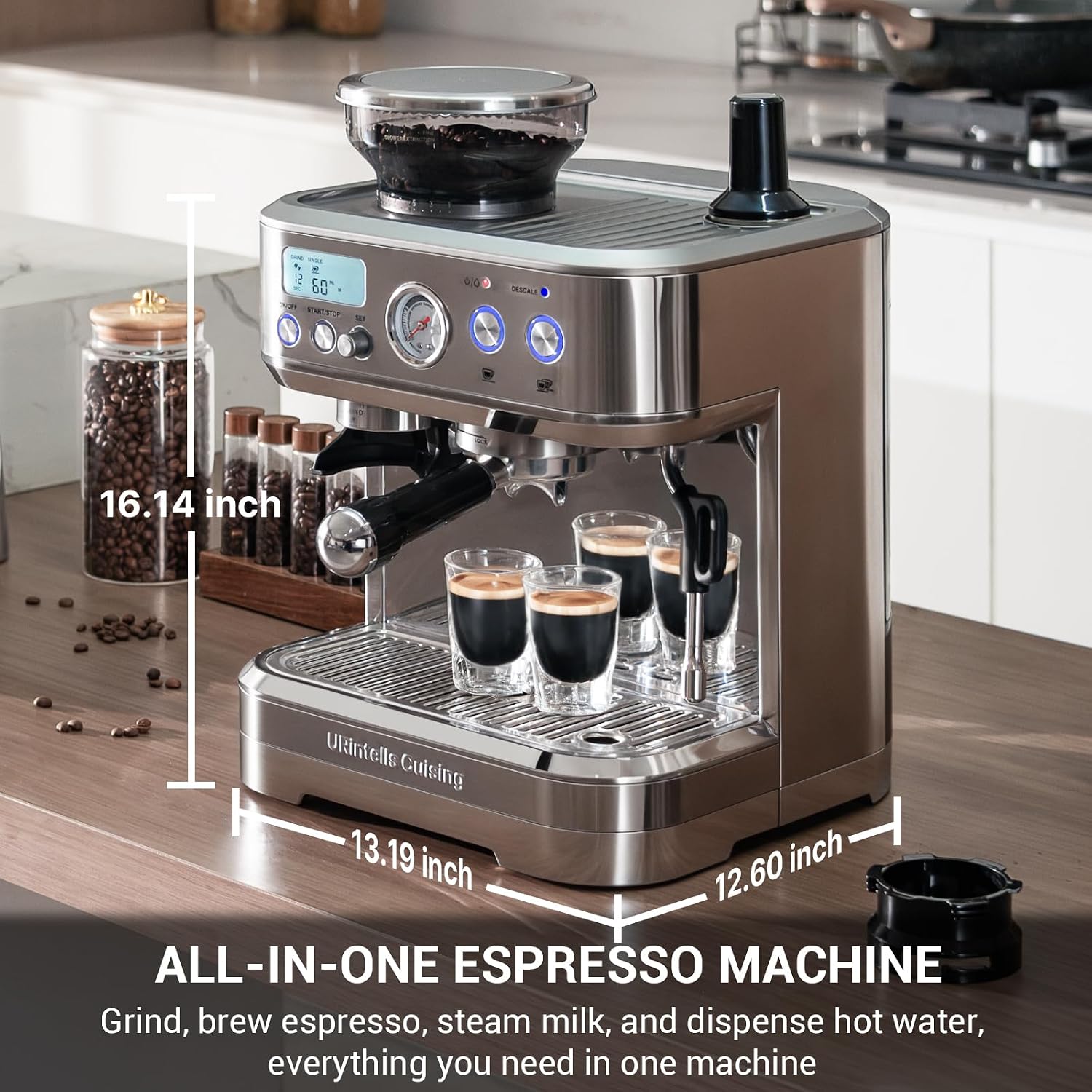 URintells Cuising Espresso Machine with Grinder, Espresso Maker with 58MM Portafilter & Milk Frother, Latte Machine, Cappuccino Machines for Home, Automatic Stainless Steel Expresso Coffee Machines