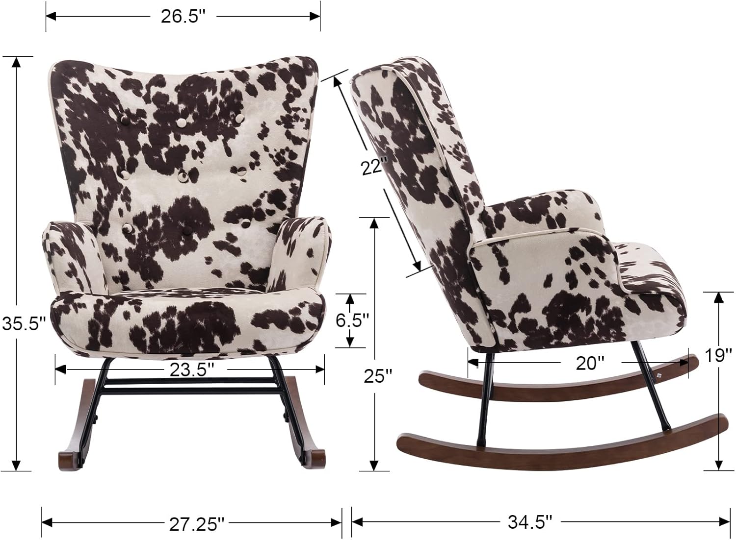 EALSON Nursery Rocking Chair Fabric Upholstered Rocker Chair Tufted Wingback Accent Chair with Wooden Base Modern Comfy Lounge Armchair for Bedroom Living Room, Cow