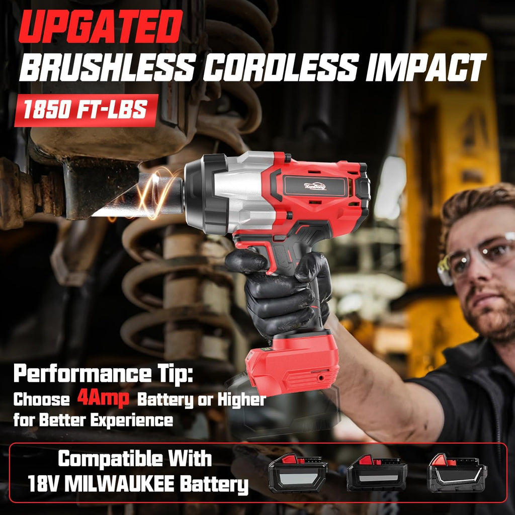 Cordless Impact Wrench 3/4' Compatible with Milwaukee 18V Battery, 1850Ft-lbs(2500N.m) High Torque Impact Gun Heavy Duty, Brushless Electric Power Impact Driver with 4 Speed Modes & LED Work Light
