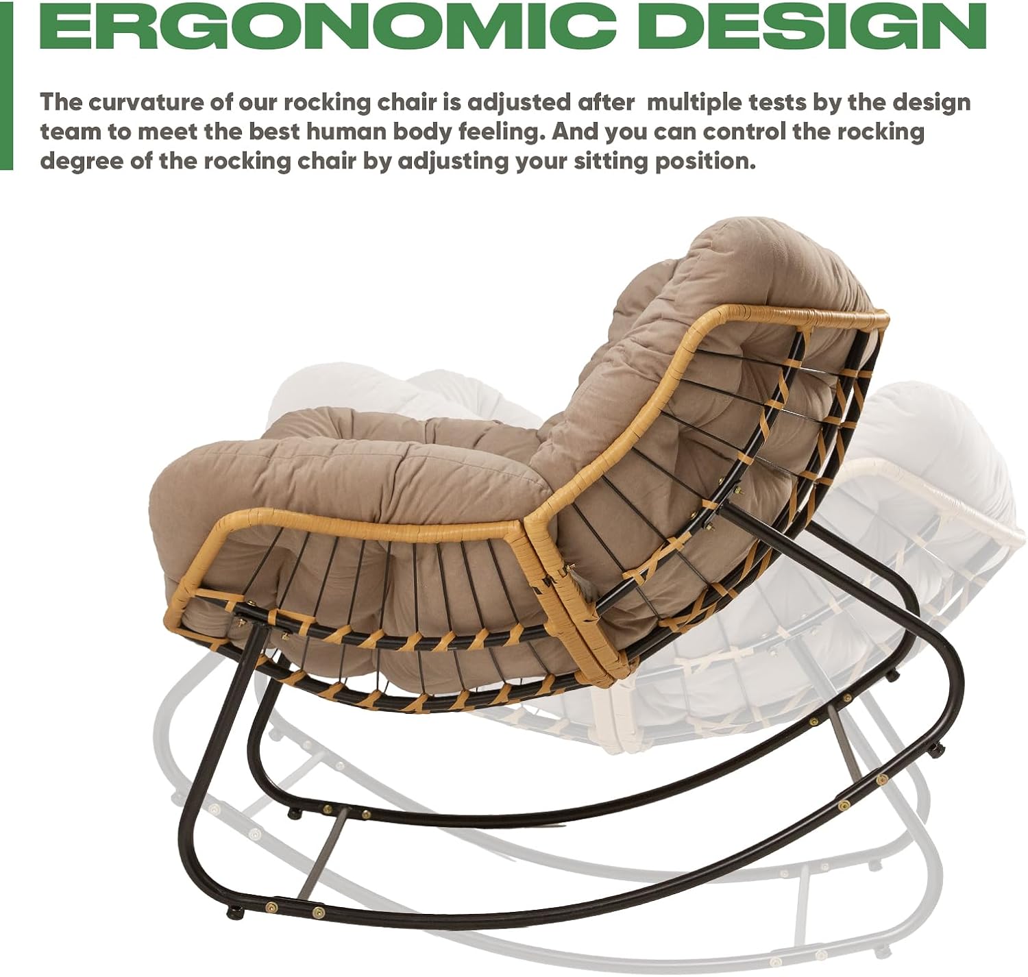 Papasan Chair with Cushion, Oversized Outdoor Rocking Chair, Patio Egg Chair Outdoor, Wicker Modern Cozy Comfy Chair for Bedroom, Living Room, Garden, Balcony, Lawn, Light Brown
