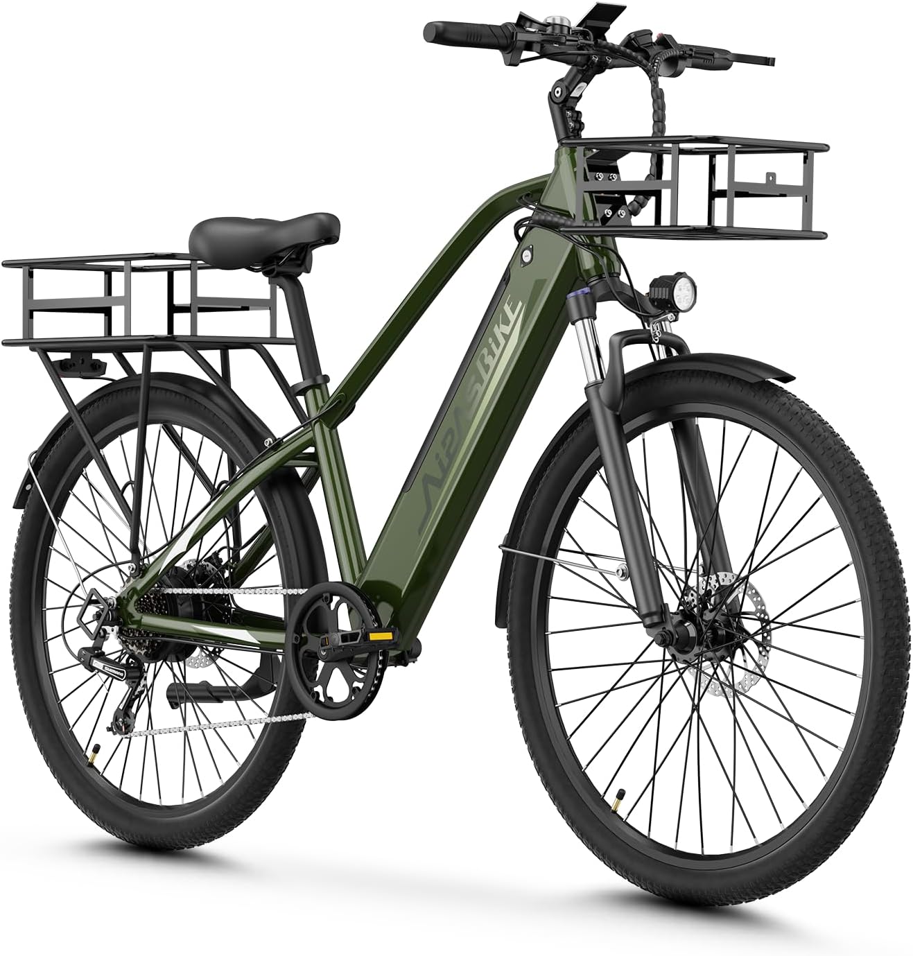 Aipas Electric Bike for Adults with 1100W Motor Peak, 48V 12.8Ah Battery, Max 62 Miles 28MPH, 26' Electric Commuter Bike with 7-Speed and Suspension System