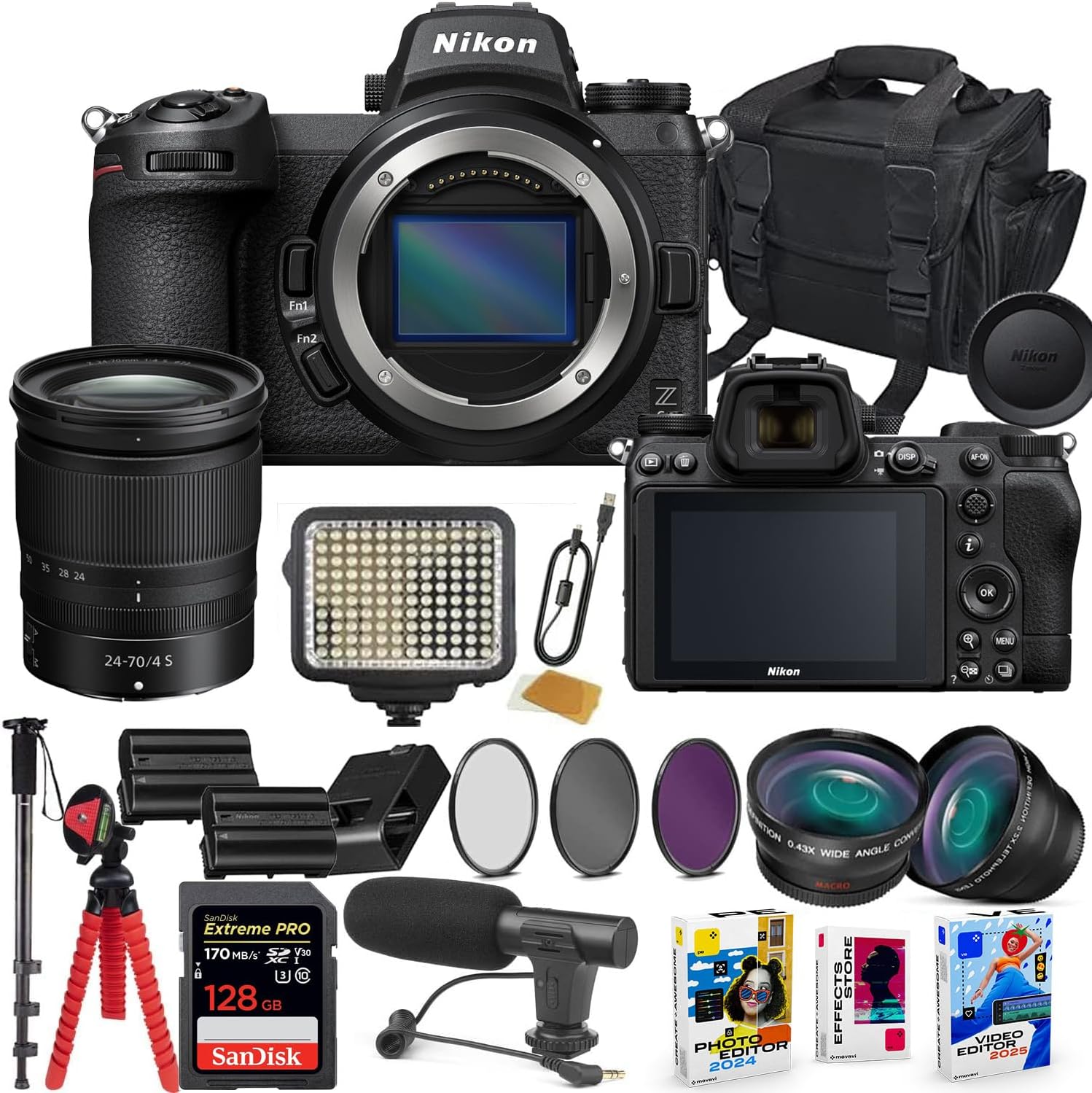 Nikon Z6 II Mirrorless Camera with 24-70mm f/4 Lens Bundle with Extra Battery, LED Light, Microphone, 128GB High Speed Memory Flash, Accessory Bundle (30 Items)