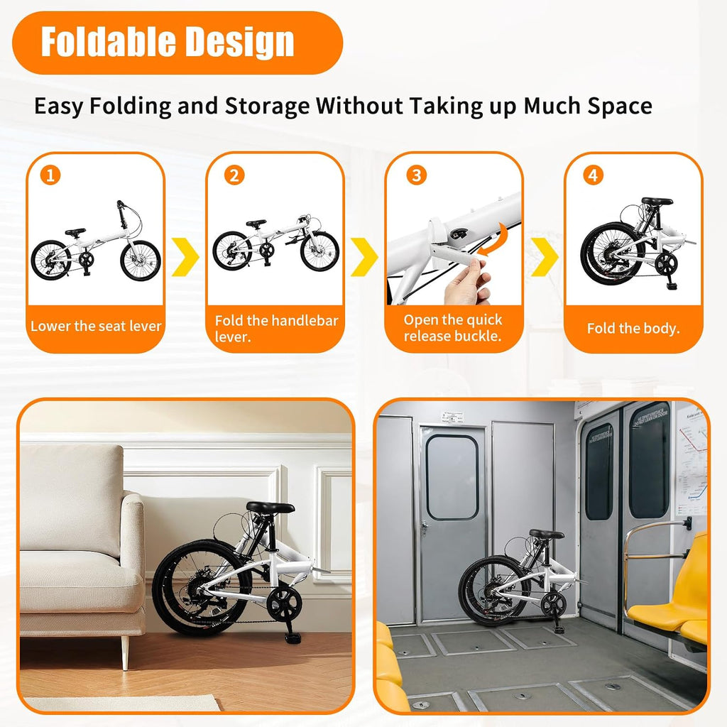 Folding Bike, Foldable Bicycle with 7 Speed Gears 20-inch Wheels Easy Folding City Bicycle with Dual Disc Brakes for Adult, Teenager, Traveling, Exercising, Commuting