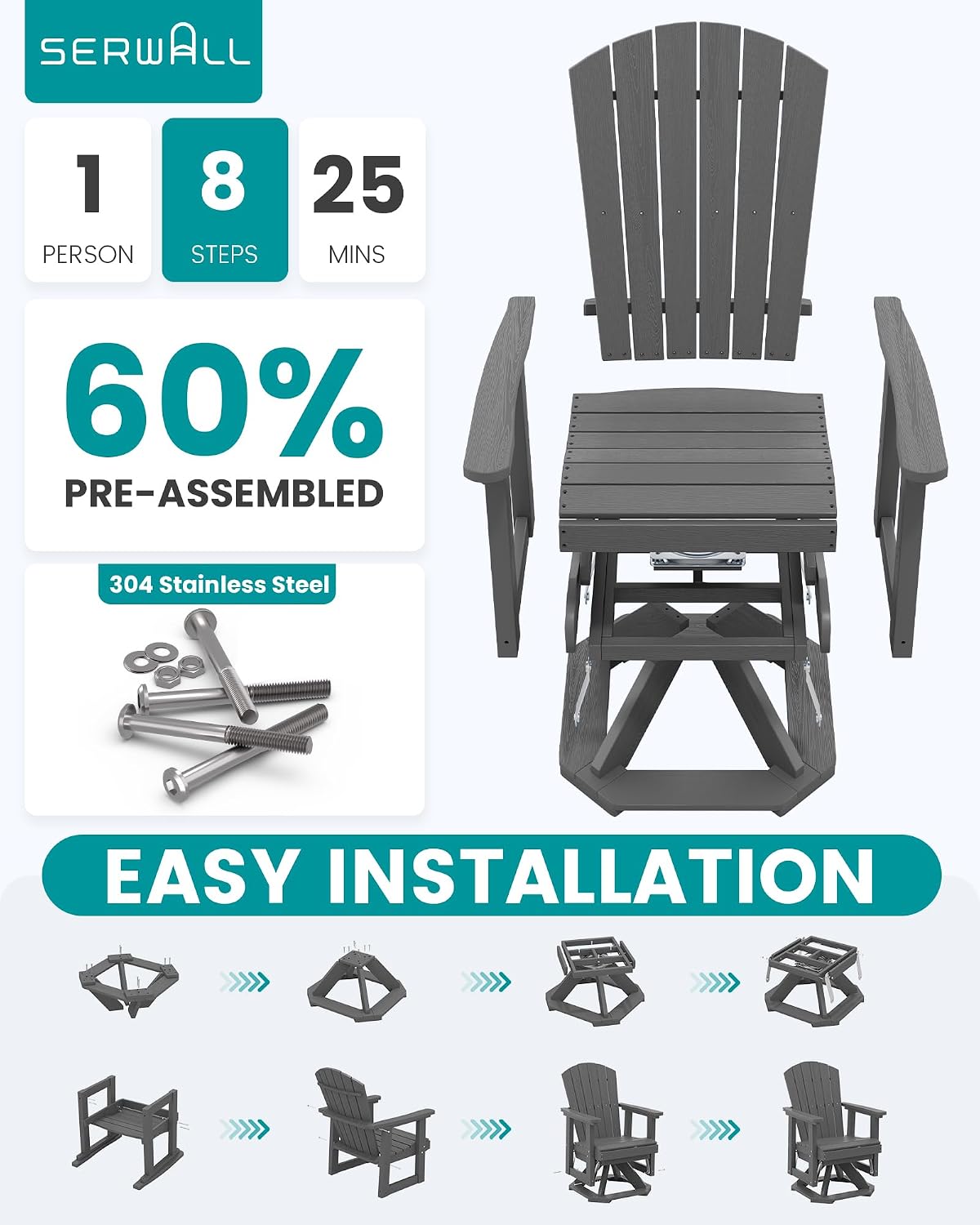 SERWALL Adirondack Swivel Glider Chair, HDPE Outdoor Glider Set of 2, All-Weather Glider Chair for Porch, Balcony, Slate Grey
