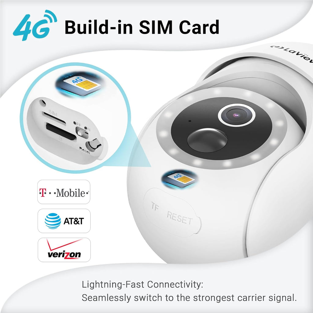LaView 4G LTE Cellular Security Camera 2K Solar Camera Outdoor Wireless, Solar Powerd Security Camera with Color Night Vision, 360 PT Cameras for Home Security Motion Detection,SD Storage