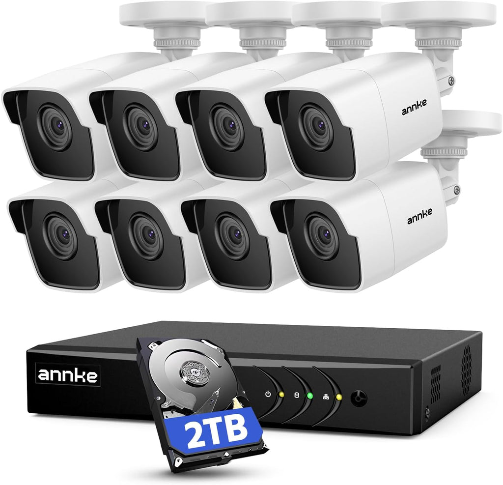 ANNKE 8 Channel 8 Camera Security System H.265+ DVR Recorder with 2TB HDD and 8X 5MP(2560TVL) Outdoor CCTV Bullet Cameras, IP67 Weatherproof,100ft Night Vision, Email Alert, Remote Access
