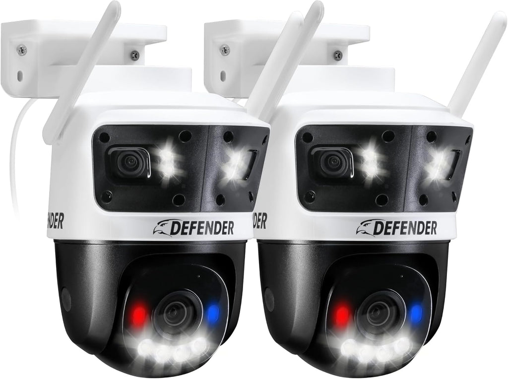 Defender AI Powered 3K+ Guard WiFi Tri-Lens PTZ Plug-in Power Outdoor Security Camera, 3-in-1, 360°, 8X Zoom, Human/Vehicle AI Detection, Blue/Red LED, WiFi 6, Works w/Guard App, 2 Pack