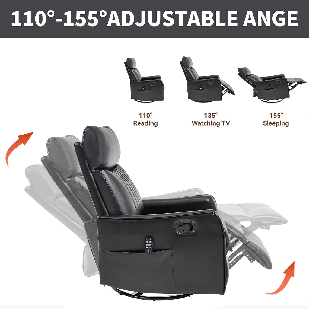 Manual Swivel Rocker Recliner Chair for Adults, Overstuffed Reclining Glider Chair for Nursing with Vibration Massage & Heat, Living Room Rocking Recliner 2-Stage backrest, Faux Leather Black