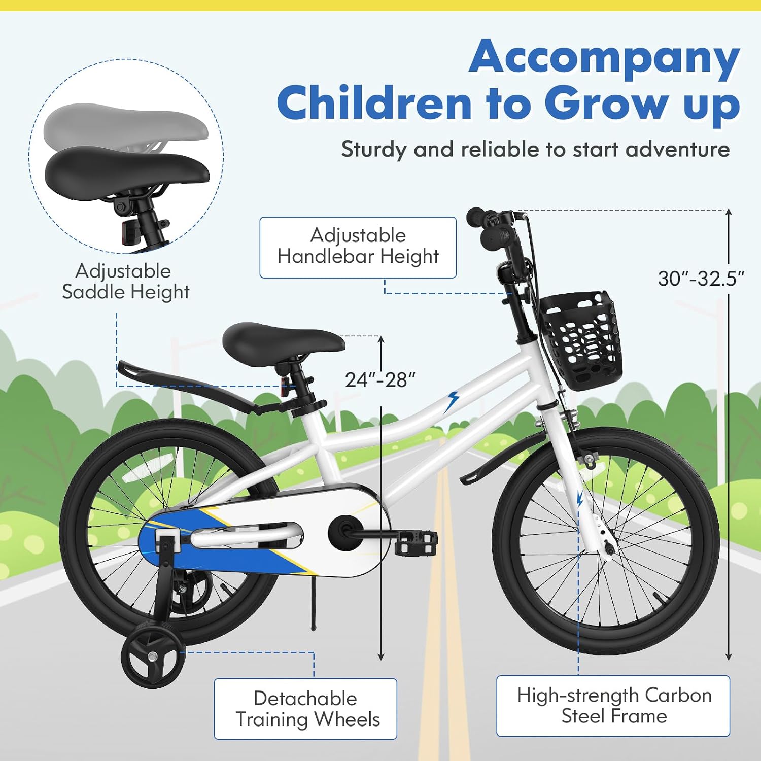 COSTWAY Kids Bike, 12 14 16 18 20 Inch Toddler Bike for Boys & Girls Aged 3-8 Years Old, Kids Bicycle w/Removable Training Wheels, Handbrake & Coaster Brake, Basket, Bell