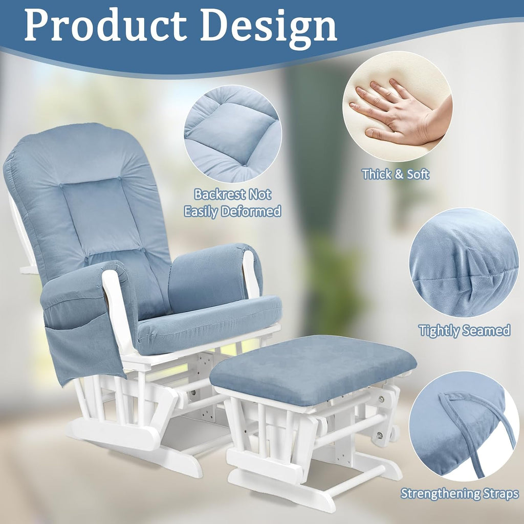 BECHAEO 5PCS Velvet Glider Rocker Replacement Cushions with Ottoman Cover Soft Thicken Rocking Chair Cushion Set for Indoor Nursery Glider Rocking Chair, Baby Blue