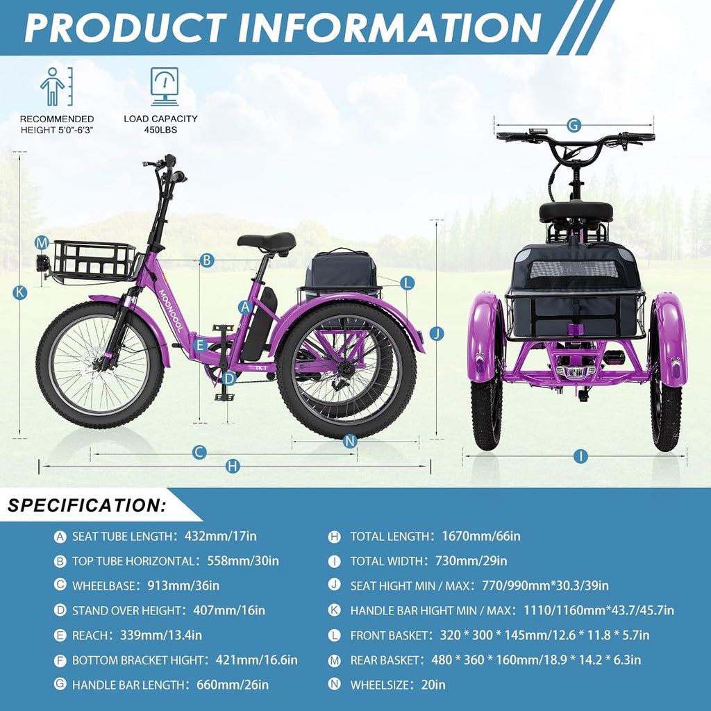 MOONCOOL Folding Electric Tricycle for Adults, 48V 500W 3 Wheels Electric Trike, Aluminum Frame Electric Tricycle Adult Bicycle with Removable Battery, Storage Bags Included