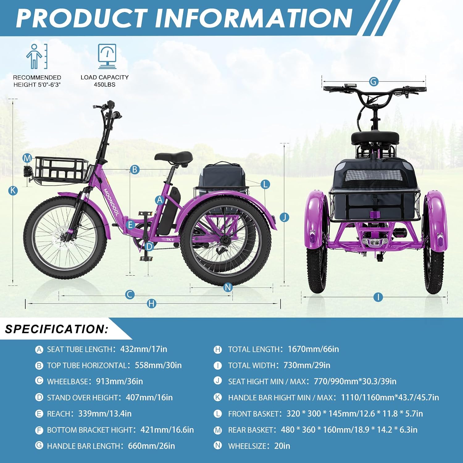 MOONCOOL Folding Electric Tricycle for Adults, 48V 500W 3 Wheels Electric Trike, Aluminum Frame Electric Tricycle Adult Bicycle with Removable Battery, Storage Bags Included