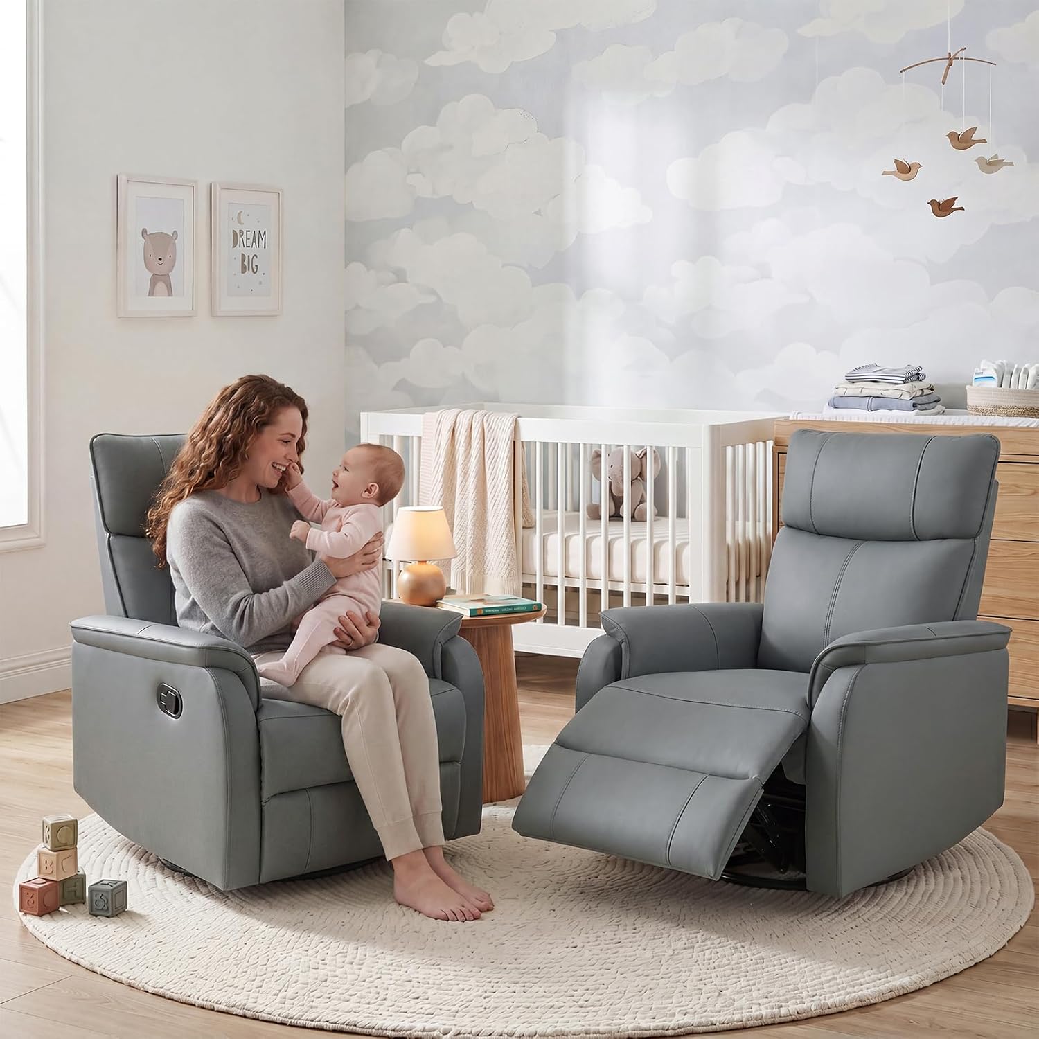 HAOMARKETS Swivel Rocker Recliner Chair, Manual Faux Leather Glider Rocking Recliners for Adults, 360° Swivel Nursery Reclining Sofa with Padded Backrest for Living Room, Grey