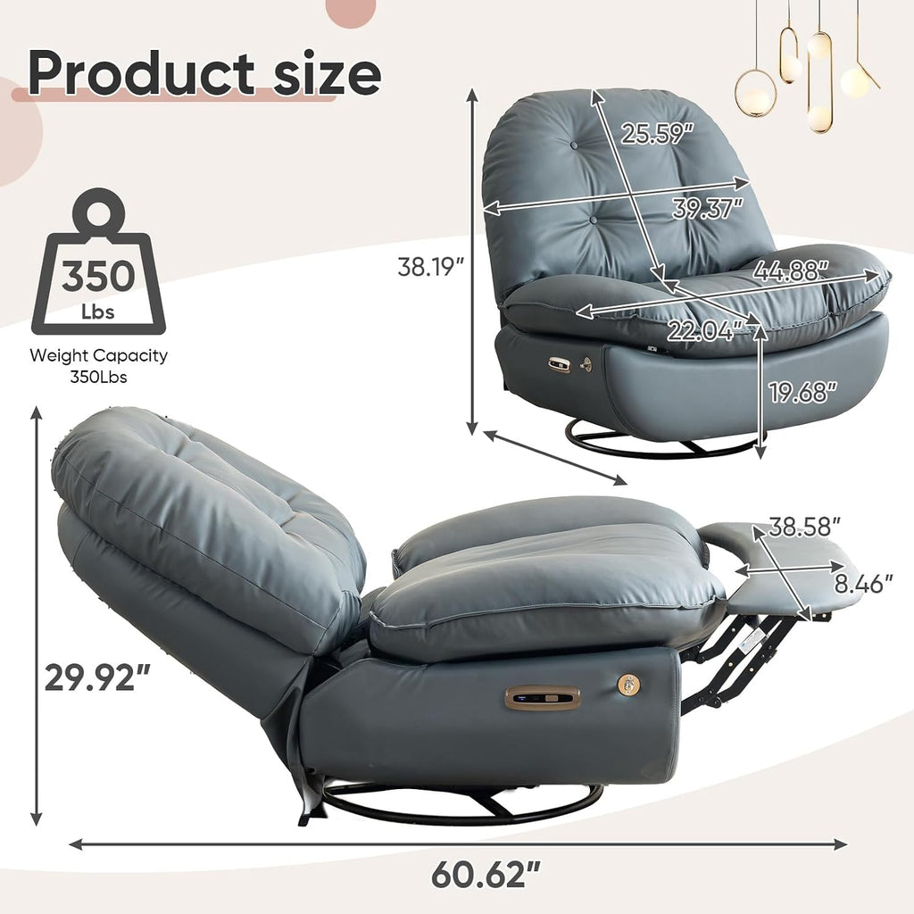 Oversized Electric Recliner Chair, 270 Swivel Rocking Glider Rocker for Adults Modern Ergonomic Lounge Chair Living Room with Phone Stand & Smart Voice Control Theater Seating, Grey Fuax Leather