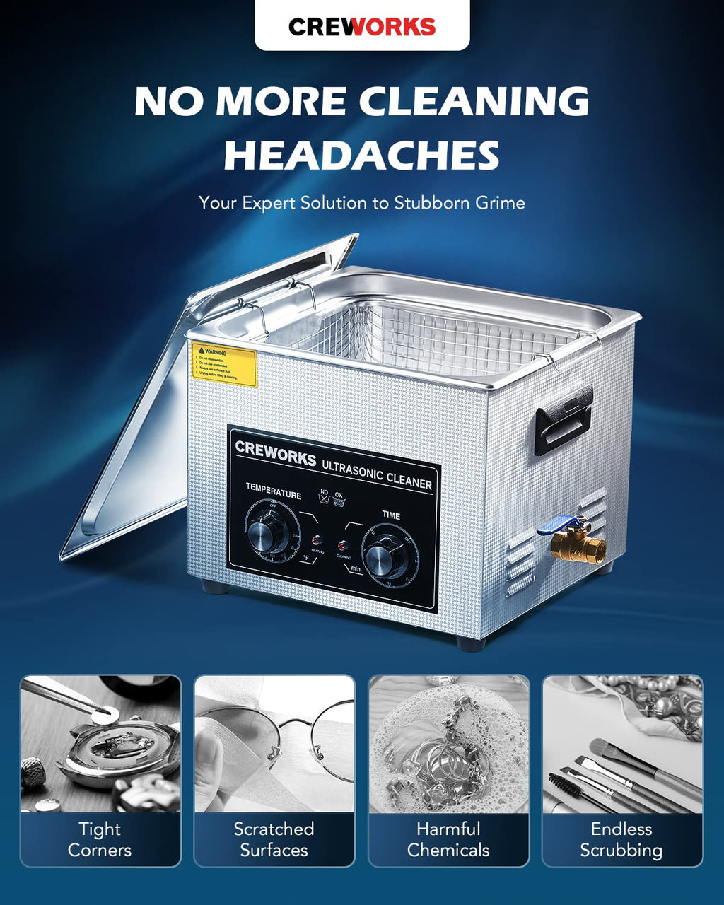 CREWORKS 15L Ultrasonic Cleaner with Knob, Total 760W Professional Industrial Auto Cleaning Machine for Carburetor Repairing Tools Parts Instrument, 40kHz Digital Sonic Cavitation Cleaner with Heater