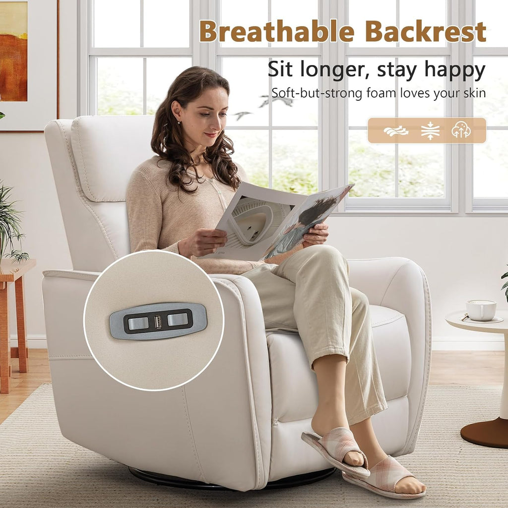 ANJ Power Swivel Recliner Chair,Rocking Chair Nursery with USB Port, Rocker Reclining Chair with Upholstered,Faux Leather Glider Rocking Chairs for Living Room, Bedroom, Cream White
