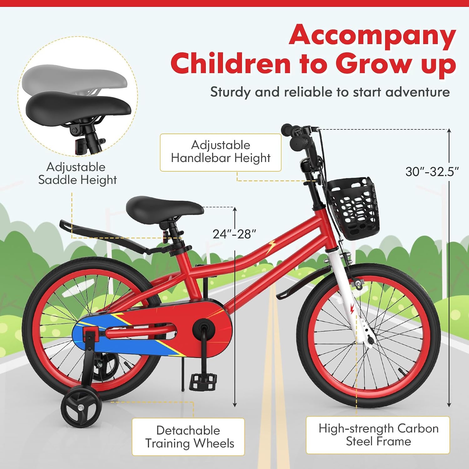 COSTWAY Kids Bike, 12 14 16 18 20 Inch Toddler Bike for Boys & Girls Aged 3-8 Years Old, Kids Bicycle w/Removable Training Wheels, Handbrake & Coaster Brake, Basket, Bell
