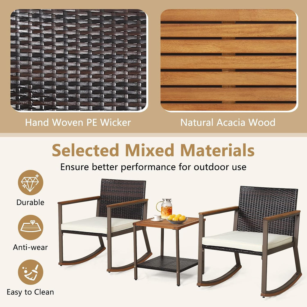 Tangkula 3 Pieces Rocking Bistro Set, Outdoor Rocker Chair with Coffee Table & Cushions, Patio Rattan Furniture Conversation Set for Balcony Porch Poolside (Off White)