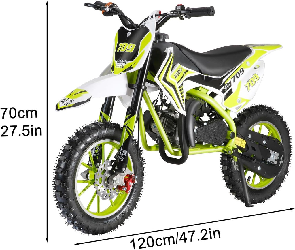 50cc Kids Dirt Bike, 2-Stroke Gas Power Dirt Bike Off Road Motocross Gas Dirt Bike with Front Rear Disc Brakes for Beginner Motocross Bikes for Kids 8-12 Max 30KM/H 150KG Load Green