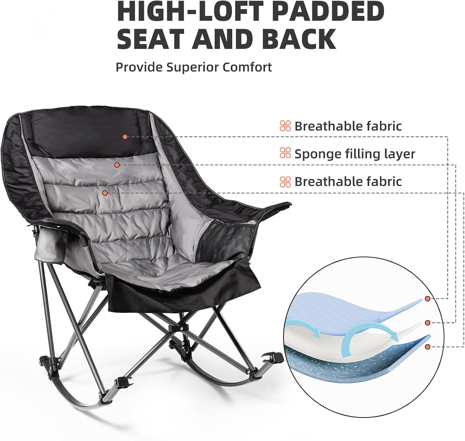 2 PCS Oversized Rocking Camping Chair for Adults - 400lbs Capacity Padded Camp Chair, Portable Foldable Outdoor Rocker Chair for Camping, Backyard, Patio (Black & Gray)