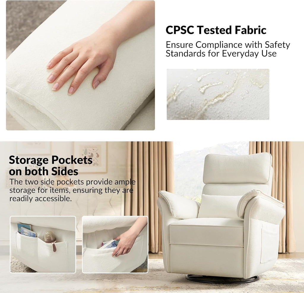 HULALA HOME Nursery Glider Recliner with Adjustable Headrest and Armrests, Modern Power Swivel Rocker Recliner Chair with USB Port and Storage Bags, GREENGARD, FSC, CertiPUR-US® Certified, Ivory