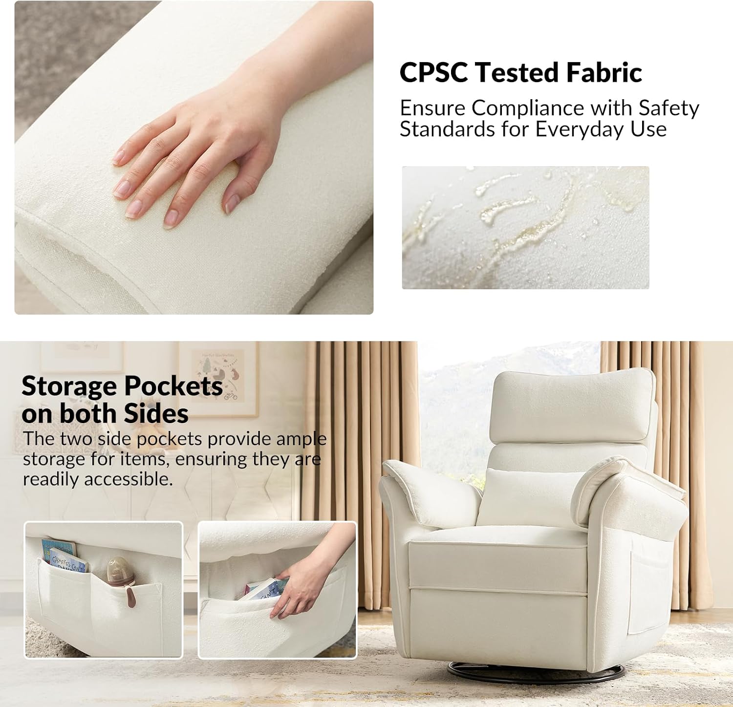 HULALA HOME Nursery Glider Recliner with Adjustable Headrest and Armrests, Modern Power Swivel Rocker Recliner Chair with USB Port and Storage Bags, GREENGARD, FSC, CertiPUR-US® Certified, Ivory