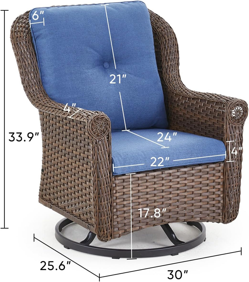 Patio Chairs Outdoor Swivel Glider - Set of 4 High Back Outside Brown Wicker Rattan Rocking Chair with Thick Cushion for Porch Apartment Deck Yard Poolside Garden - Navy Blue