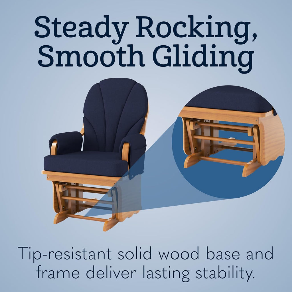 Foundations Lullaby Wood Base Glider Rocker - Baby Feeding and Rocking Chair for Nursery, Daycare Environment - Nursery Rocking Chairs with Padded Foam Arm Rests - (Natural/Blue)