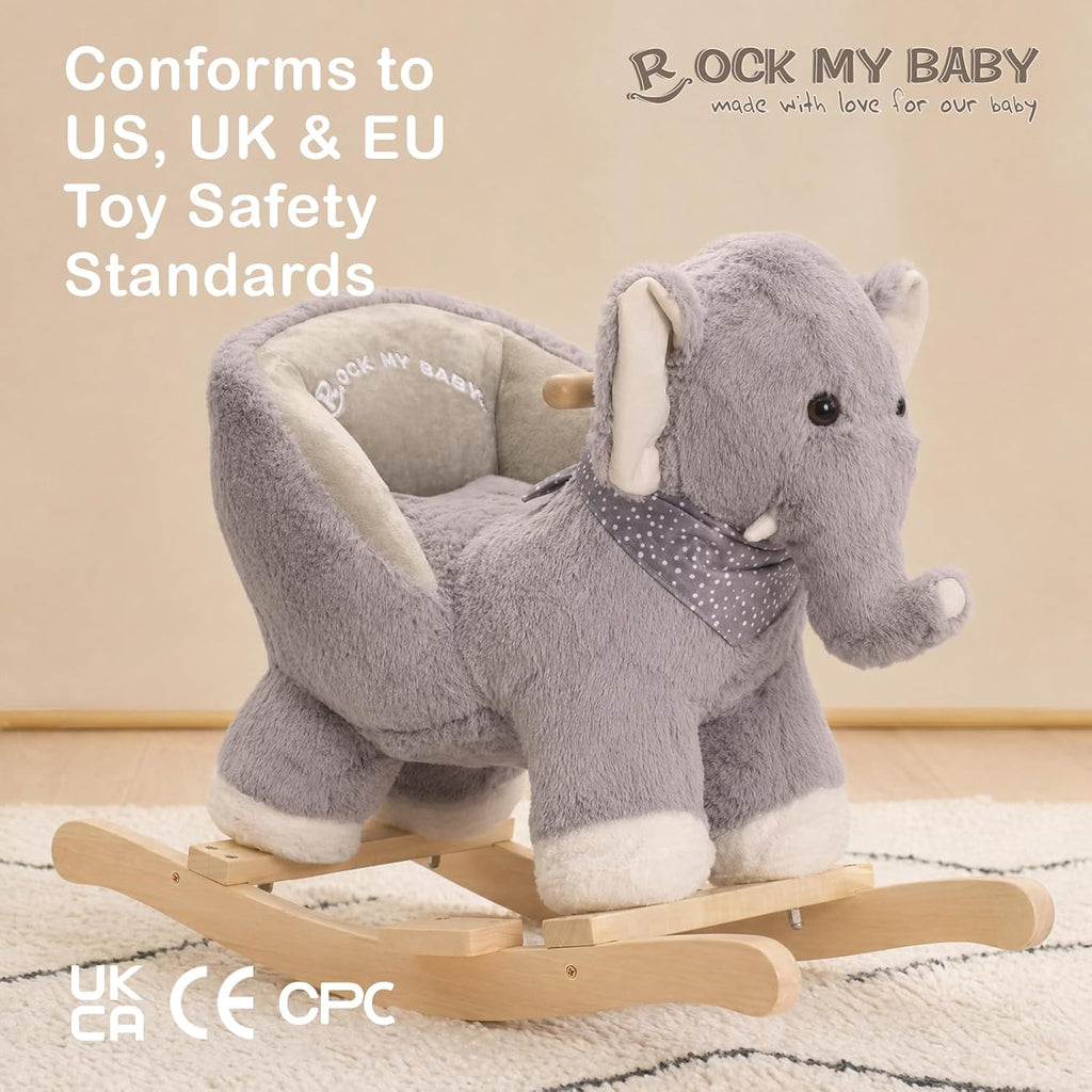 Baby Rocking Elephant, Plush Toddler Rocker with Music & Safety Seat, Sturdy Wooden Ride-On Toy for 1-3 Years, Soft Animal Rocking Horse, CPC Certified (Gray Elephant)