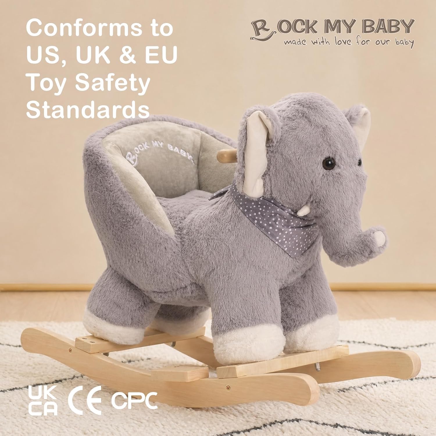 Baby Rocking Elephant, Plush Toddler Rocker with Music & Safety Seat, Sturdy Wooden Ride-On Toy for 1-3 Years, Soft Animal Rocking Horse, CPC Certified (Gray Elephant)