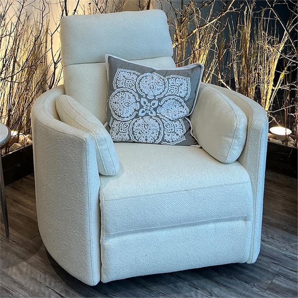 Pemberly Row Fabric Power Swivel Glider Recliner in Revel Oyster/White with USB Charging Ports and 2 Comfort Pillows for Living Room