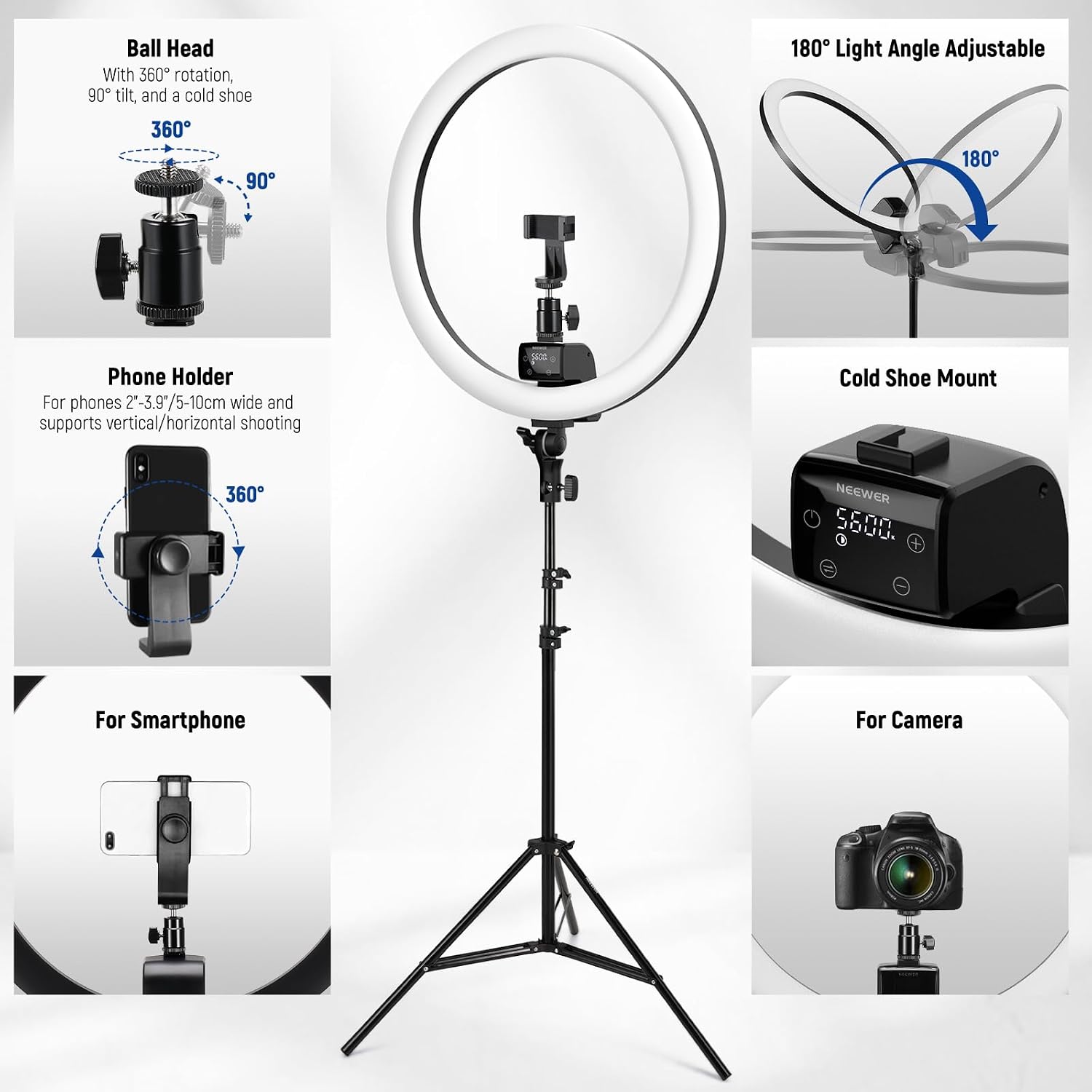 NEEWER Advanced 18' LED Ring Light with Tripod Stand Phone Holder for iPhone Samsung Android Phones for Makeup YouTube Video Blogger Salon (Black)