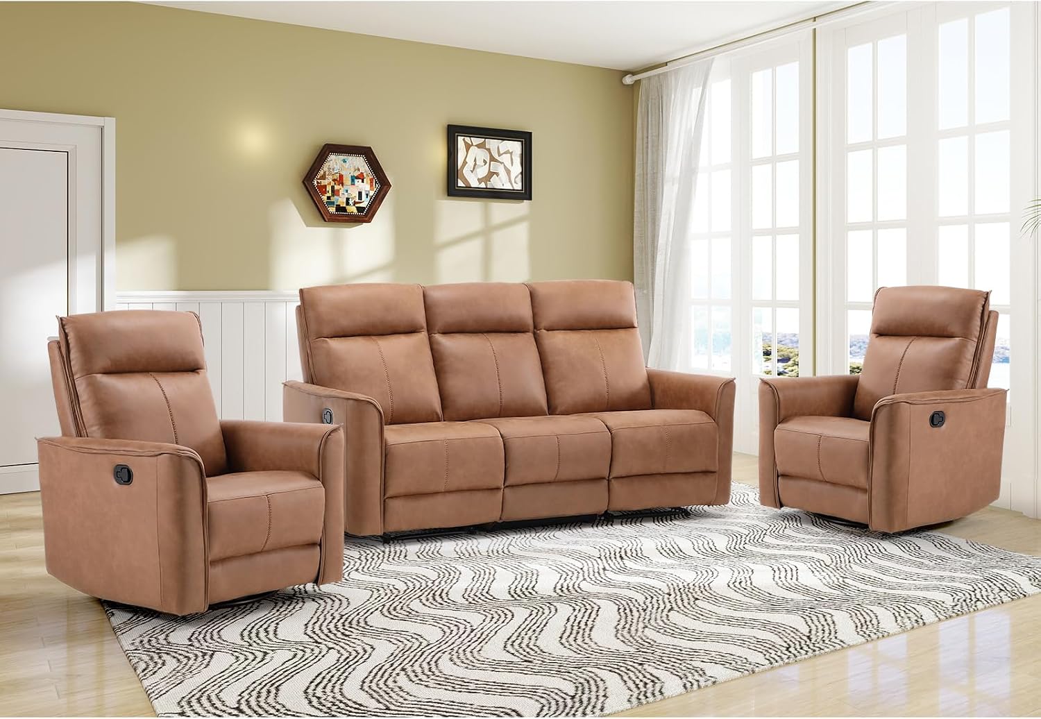 EBELLO Manual Recliner Sofa Furniture Set for Living Room, 2 Leathaire Nursing Chairs Swivel Glider Recliners and a 3 Seater Reclining Couch Set for Home Office, Brown