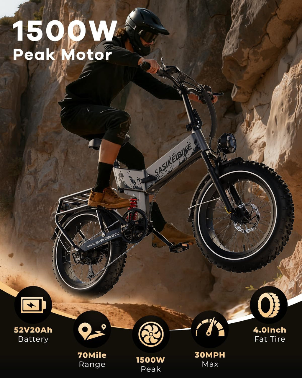 SASIKEIBIKE 1500W Folding Electric Bike for Adult,52V20Ah Removable Battery Ebike with 70Mile Max,20' x4.0 Fat Tire E-Bike, Foldable Dual Suspension Electric Bicycle for Commute,Mountain