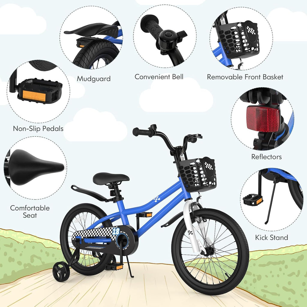 COSTWAY Kids Bike, 12 14 16 18 20 Inch Toddler Bike for Boys & Girls Aged 3-8 Years Old, Kids Bicycle w/Removable Training Wheels, Handbrake & Coaster Brake, Basket, Bell