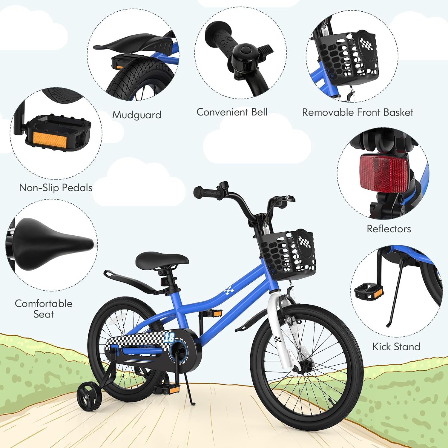 COSTWAY Kids Bike, 12 14 16 18 20 Inch Toddler Bike for Boys & Girls Aged 3-8 Years Old, Kids Bicycle w/Removable Training Wheels, Handbrake & Coaster Brake, Basket, Bell
