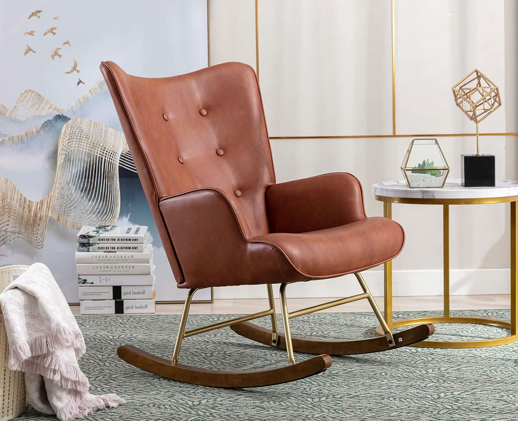Shunzhi Pu Leather Nursery Rocking Armchair, Modern Reading Accent Chair for Living Room, Bedroom, Office, Small Spaces, Brown