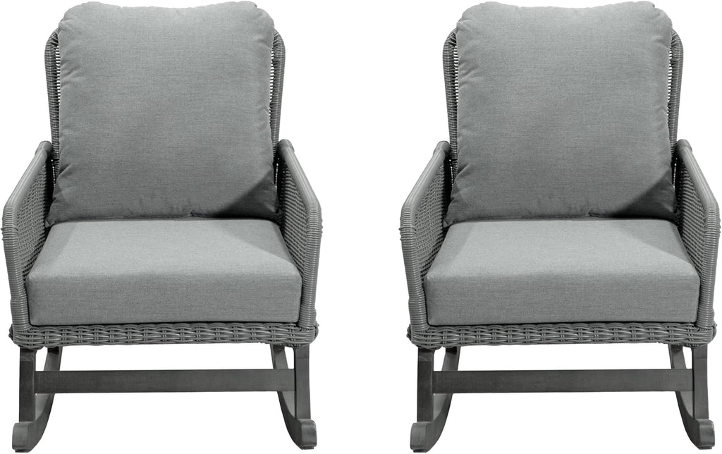 Christopher Knight Home Nadine Patio Rocking Chairs Set of 2, Wicker Rocker, Wood Rocking Chair, PE Rattan Wicker Chair, Rocking Chair with Cushions, Comfort Wicker Rocker for Backyard Balcony, Gray