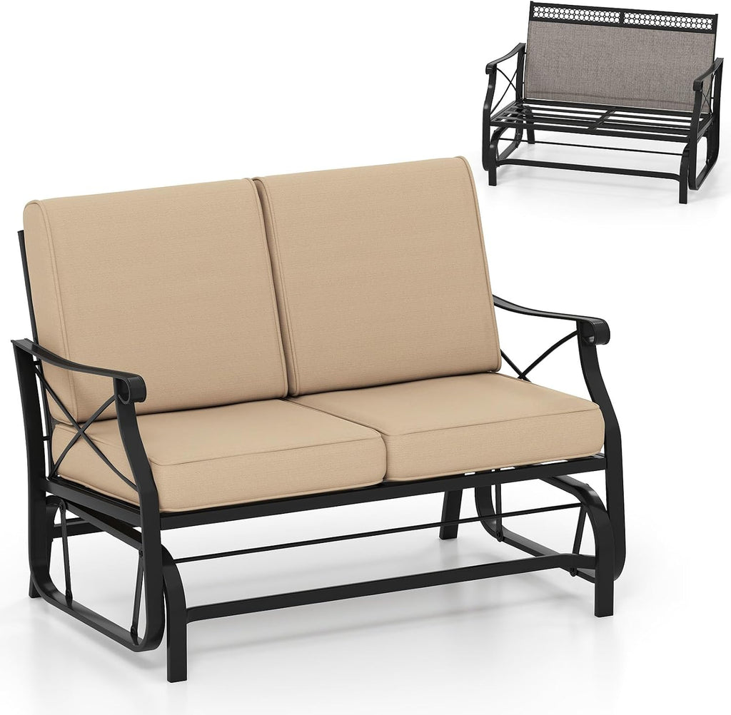 Giantex 2-Person Outdoor Glider, Rocking Chair Loveseat with Detachable Thick Cushions, Metal Frame, 660Lbs Capacity, Outside Swing Chair, Loveseat, Patio Glider Bench for Porch, Garden, Yard (Brown)