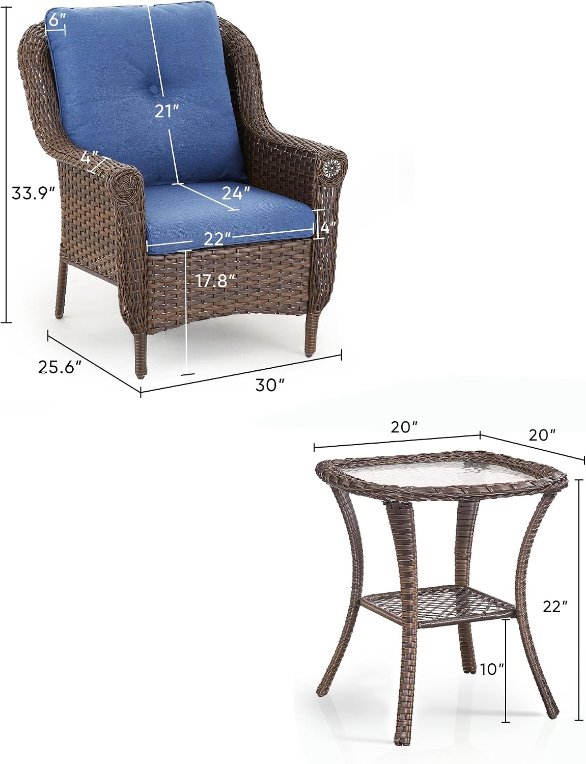 3 Piece Patio Brown Wicker Chairs with Side Table - Outdoor High Back Heavy Duty All-Weather Lawn Dining Rattan Chair Conversation Bistro Set for Deck Porch Balcony Backyard Garden - Navy Blue