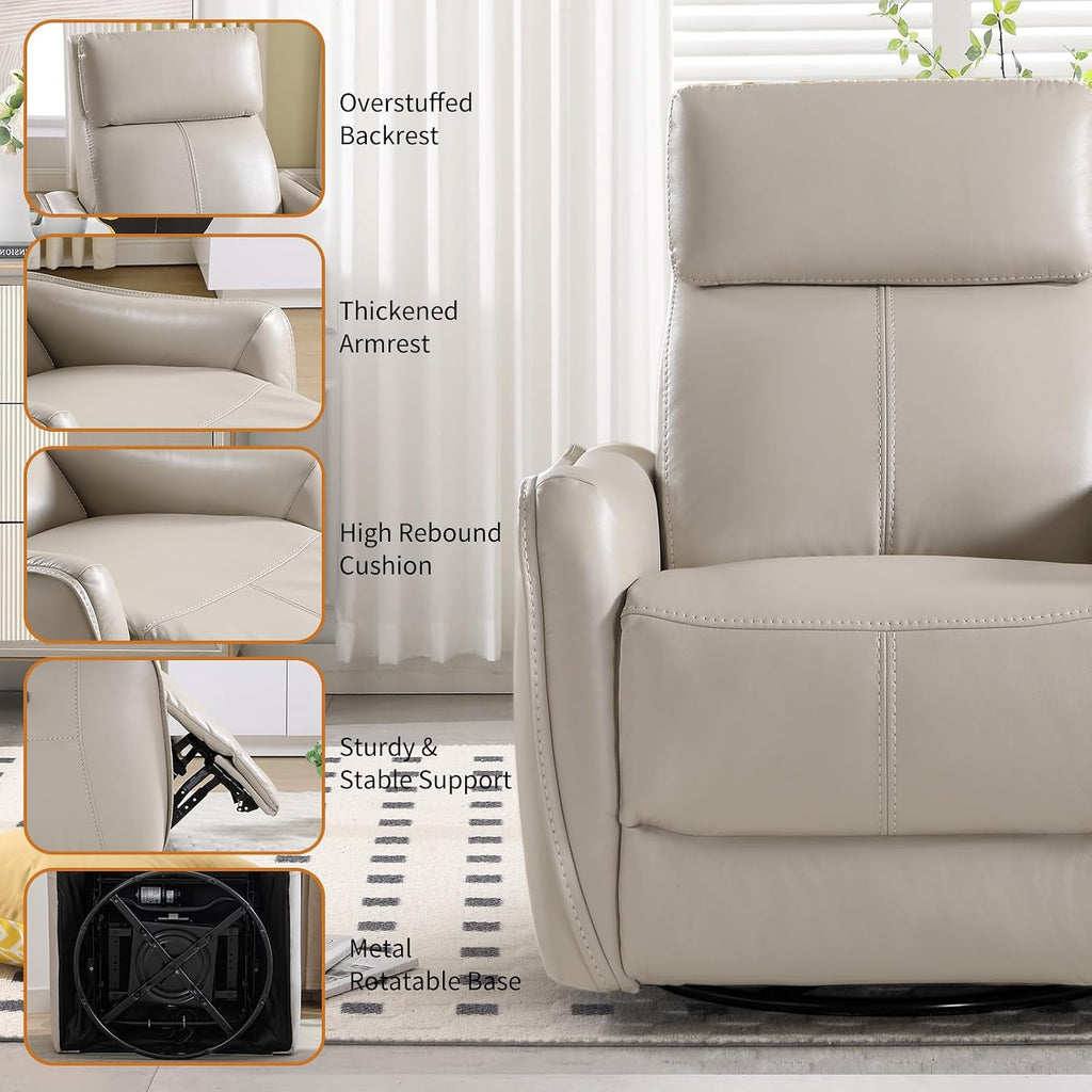 CANMOV Power Swivel Rocker Recliner Chair, Electric Swivel Glider Rocker Recliner for Nursery, Faux Leather Upholstered Rocking Reclining Chair with USB Port for Living Room,Grey