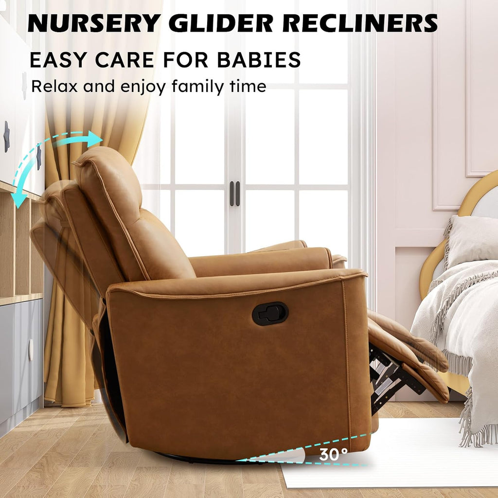 ANJ Manual Swivel Rocker Recliner, Glider Recliners with Padded Armrest and Backrest, Soft Faux Leather Nursery Rocking Recliner Chair Reclining Sofa for Living Room