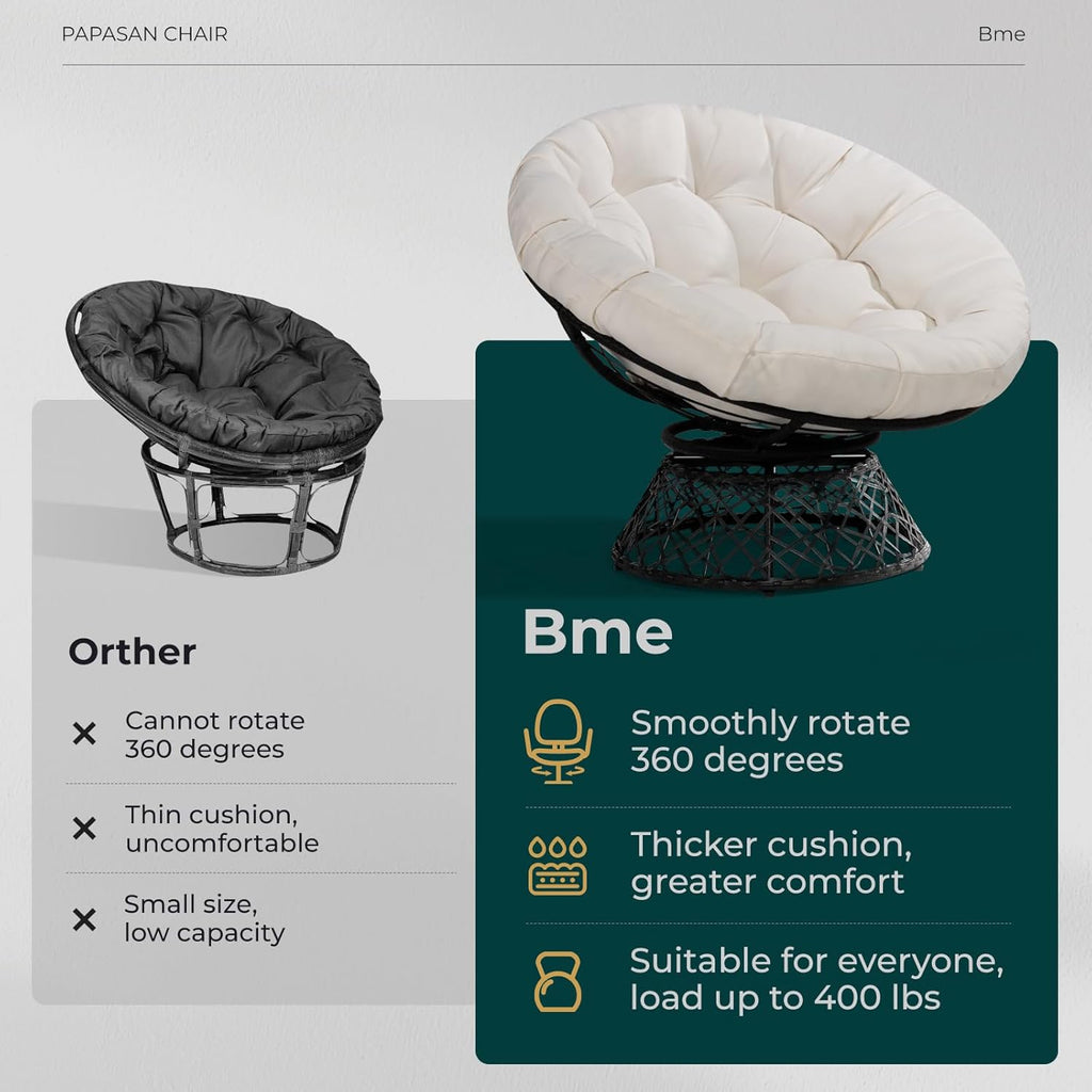 Bme 40' Ergonomic Wicker Papasan Chair with Soft Thick Density Fabric Cushion, High Capacity Steel Frame, 360 Degree Swivel for Living, Bedroom, Reading Room, Lounge